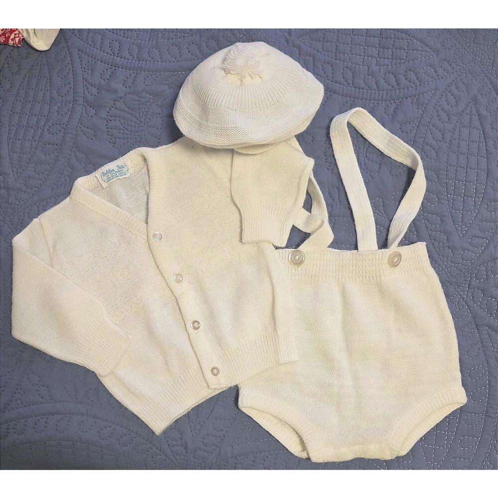 NEW Vintage 50s Baby 0-6 mo Cream Knit Sweater, Suspender Shorts, and Beret Set
